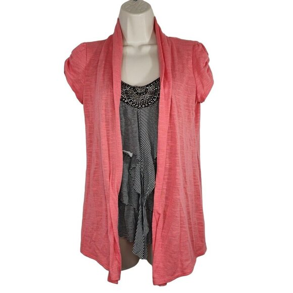 HeartSoul Tops - Heart Soul Orange Coral Black Top Women Size L Faux Twin Set Studded Y2K Casual